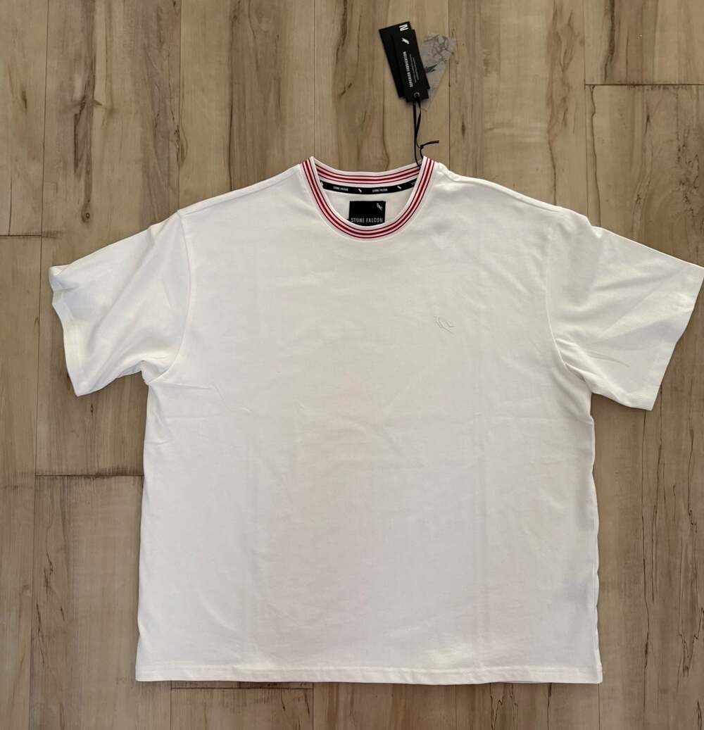 Stone Falcon Crew Neck T-Shirt with Striped Ribbed Collar